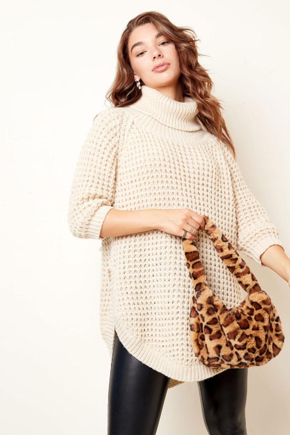 Pull Long Col Roulé Grosse Maille Sable S/M Image3