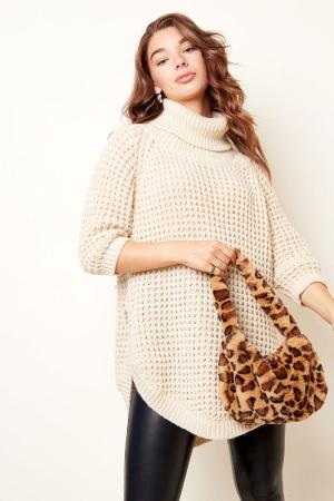 Pull Long Col Roulé Grosse Maille Sable S/M h5 Image3