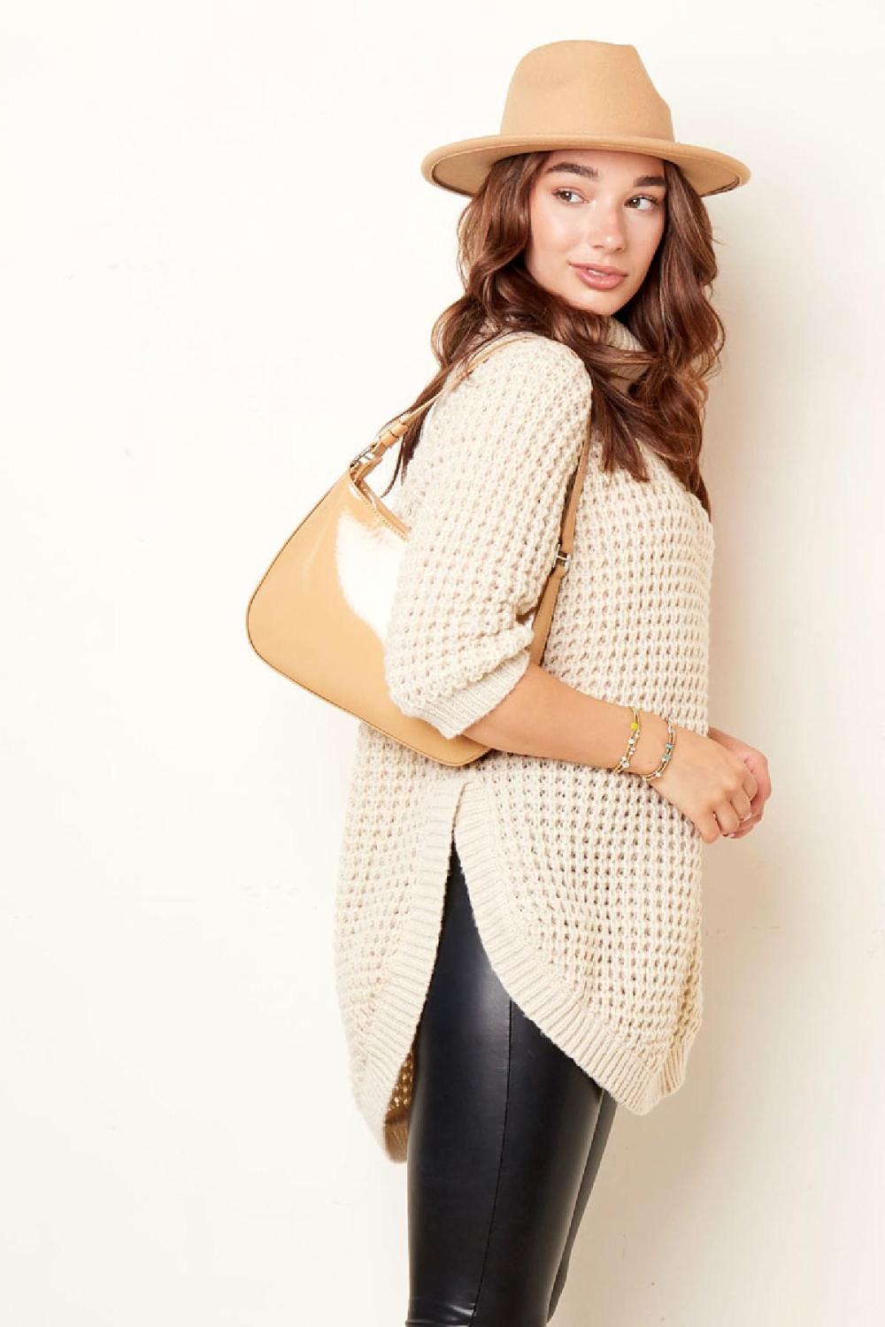 Pull Long Col Roulé Grosse Maille Sable S/M Image5