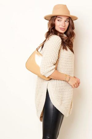 Pull Long Col Roulé Grosse Maille Sable S/M h5 Image5