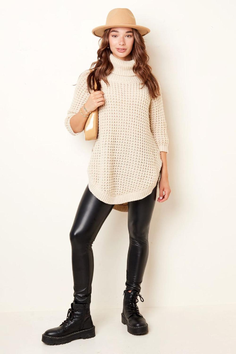 Pull Long Col Roulé Grosse Maille Sable S/M Image7
