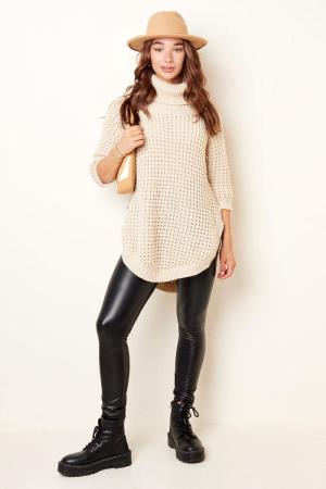 Pull Long Col Roulé Grosse Maille Sable S/M h5 Image7