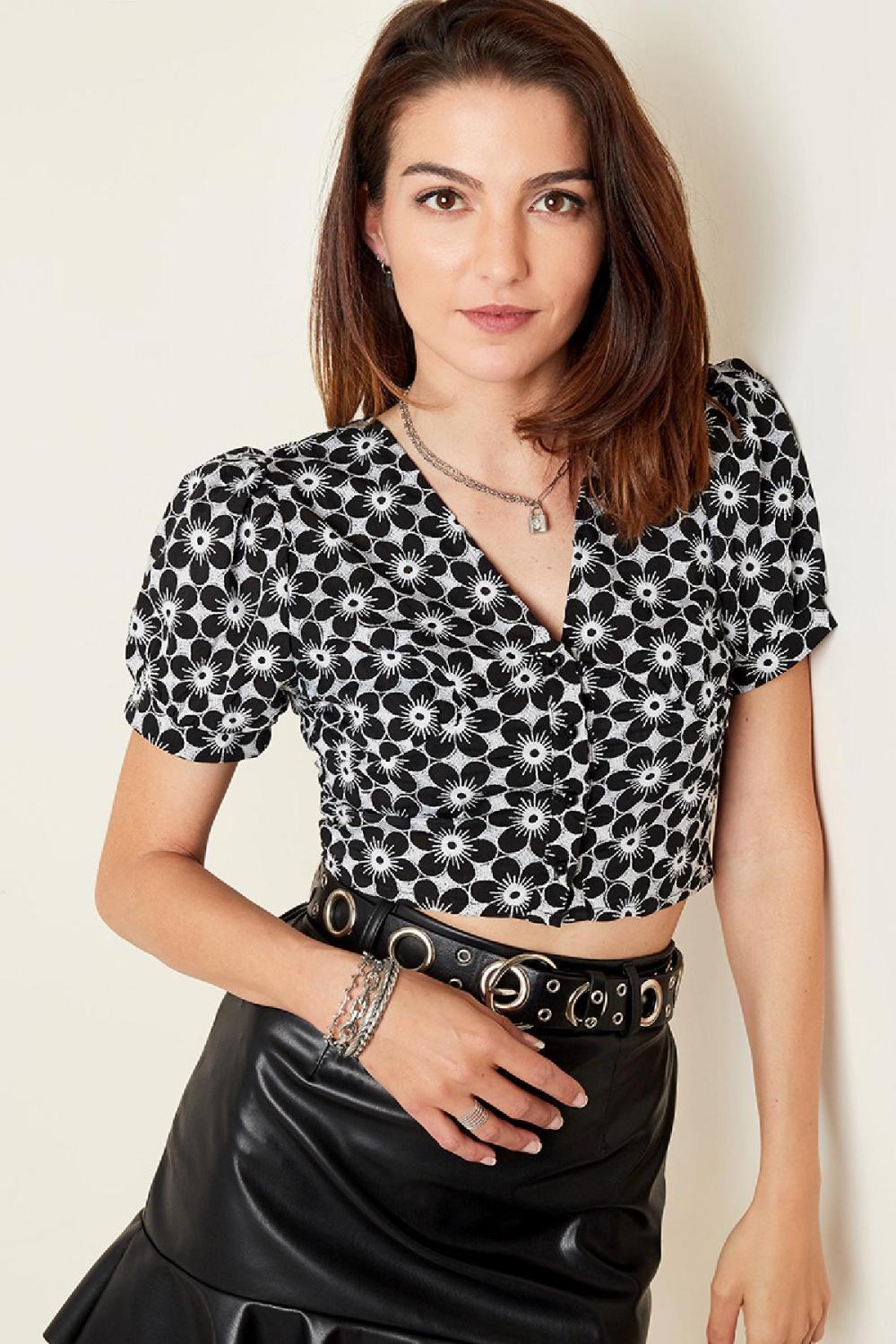 Polyester Femme Top Court Manches Courtes Imprimé Fleur Col V Image2