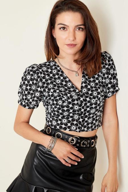 Polyester Femme Top Court Manches Courtes Imprimé Fleur Col V